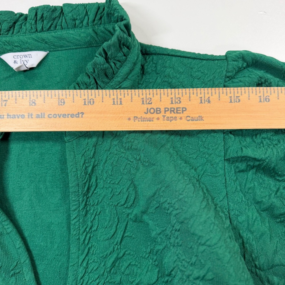 Crown & Ivy Blouse Women L Green Ruffle Neck Textured Puff Sleeve Top - Picture 8 of 11